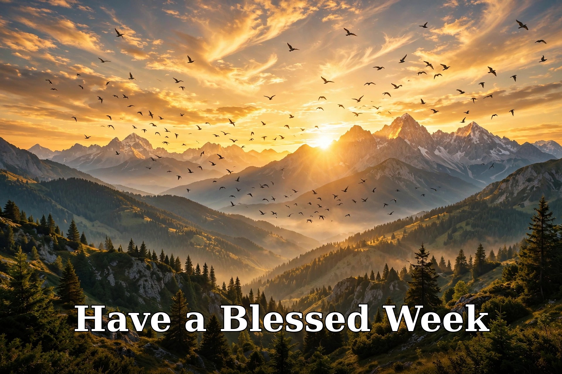 Monday motivation sunrise over mountains, text overlay Have a Blessed Week