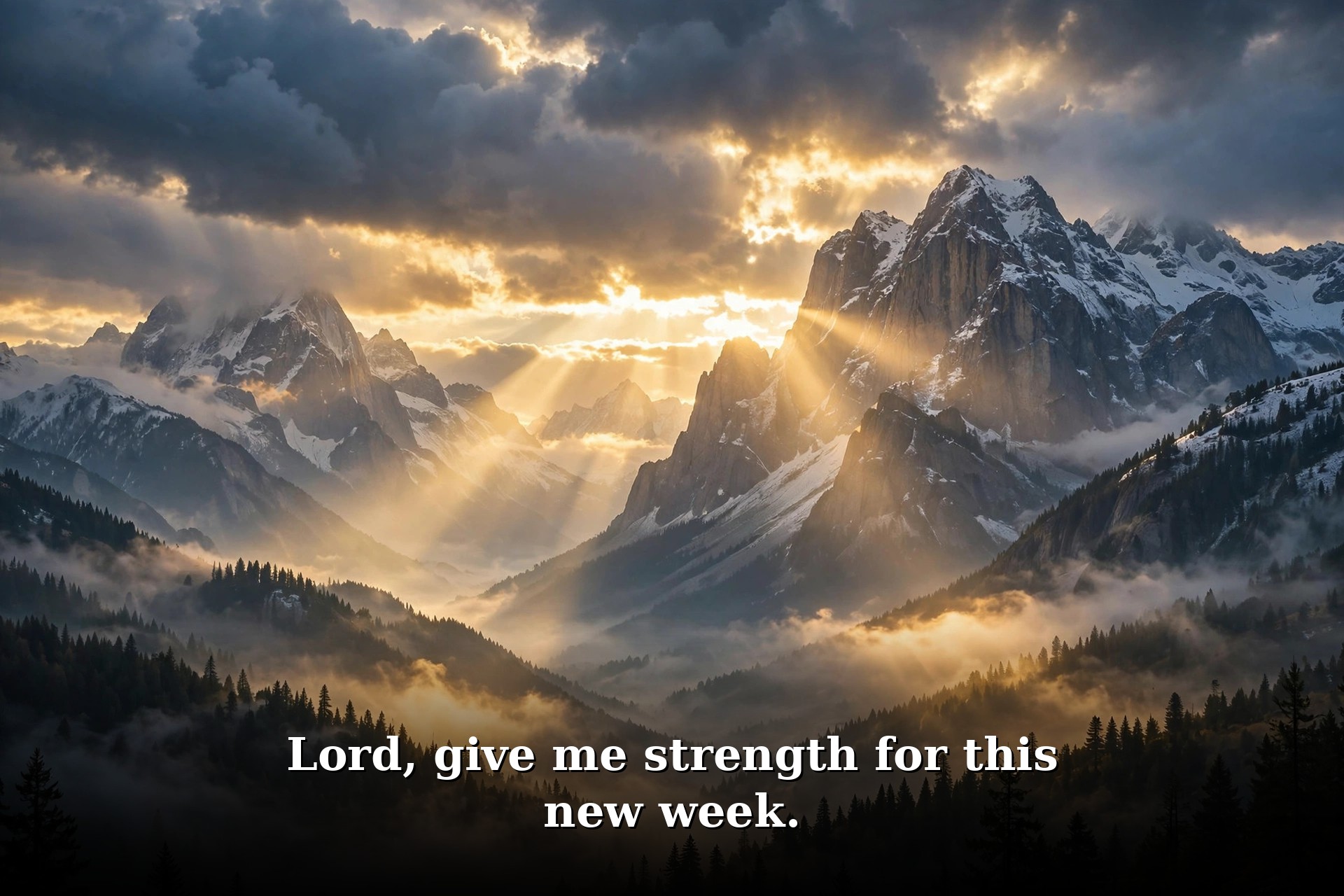 Monday prayer image – mountain sunrise with light rays, prayer for strength