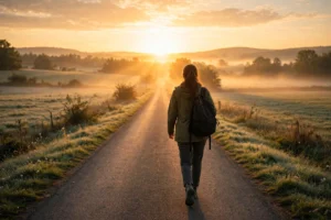 A person walking confidently down a sunrise road toward a bright horizon, hopeful new beginning for moving on quotes short.