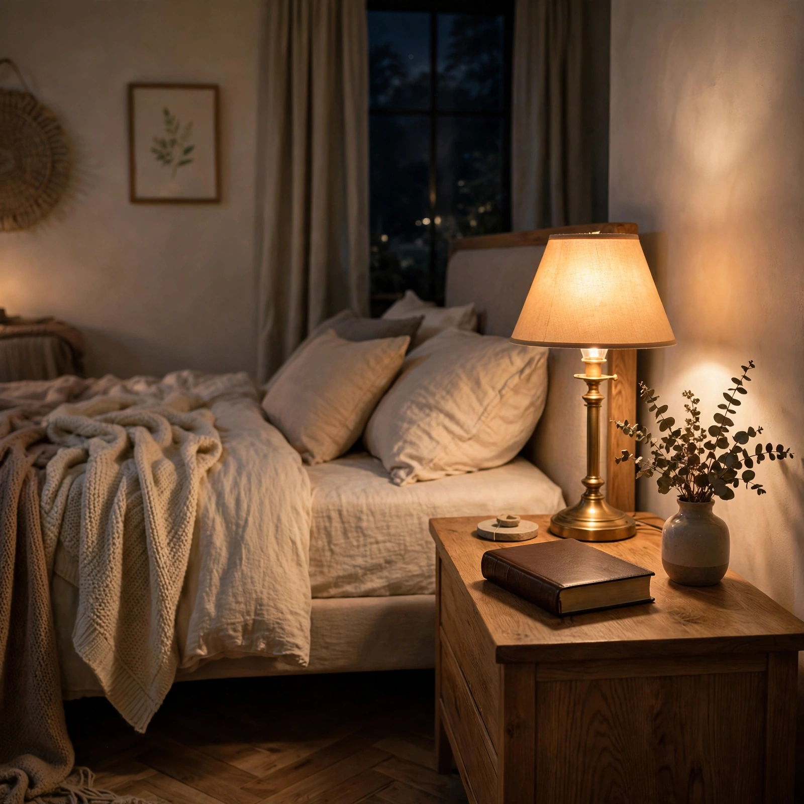 A cozy bedroom at night with a glowing lamp and a Bible on a side table, night prayer of trust
