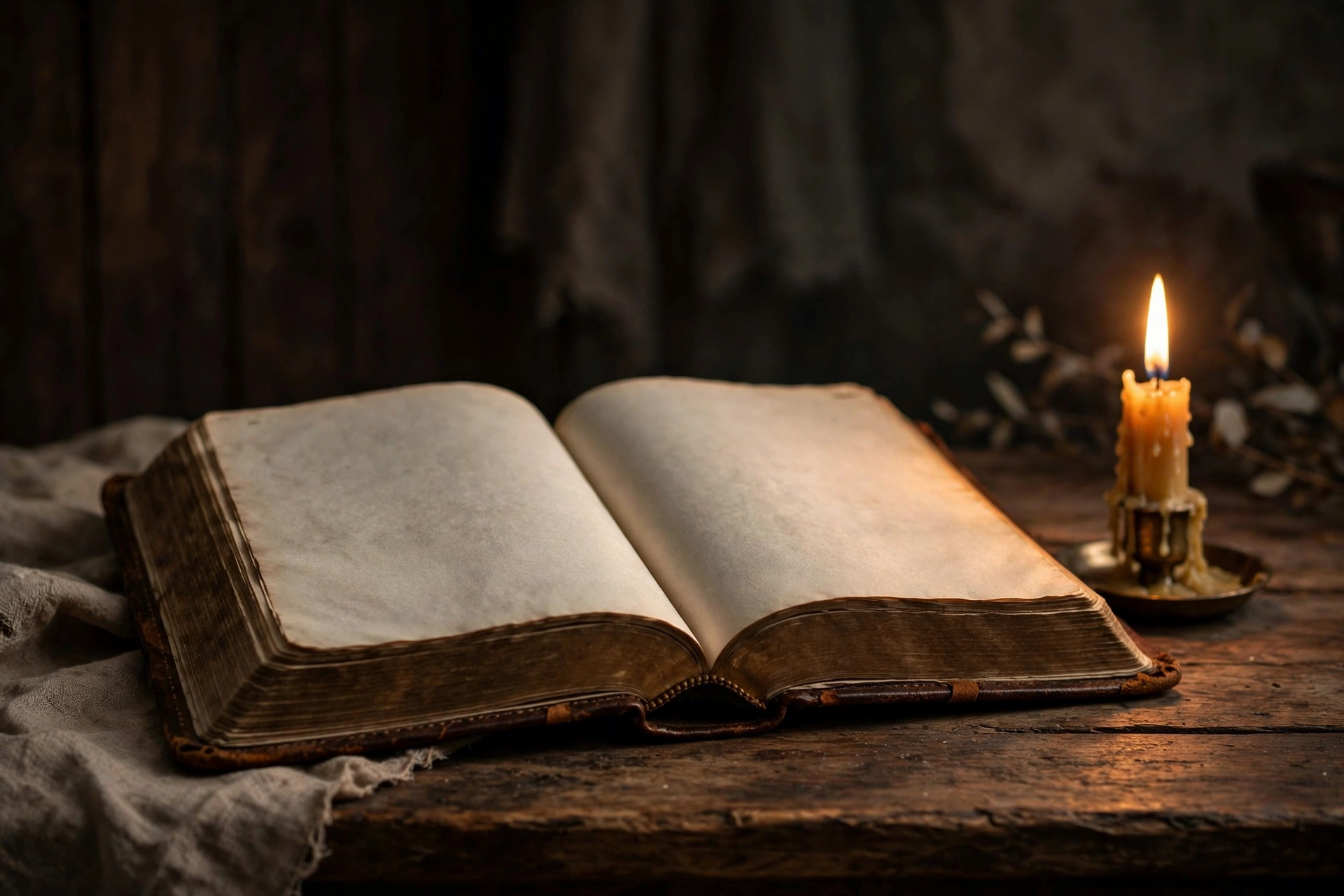 Open Bible beside a glowing candle in warm light