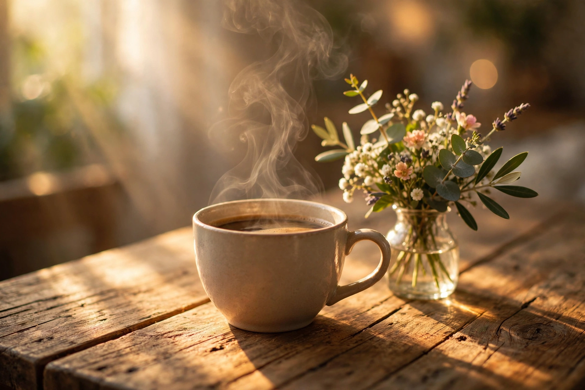 Cozy morning coffee cup on a wooden table with sunlight streaming in beside fresh flowers