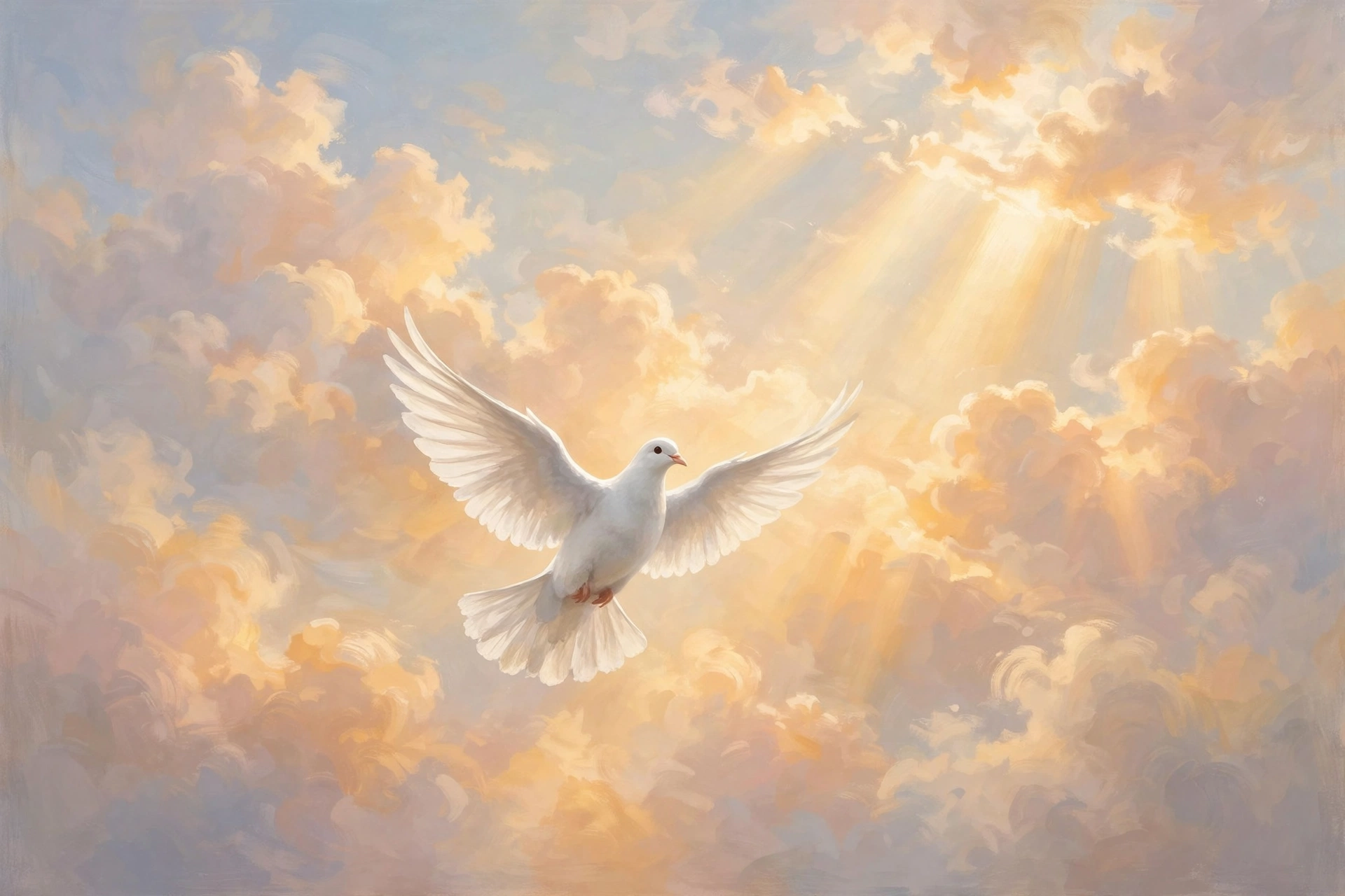 White dove flying through a soft golden morning sky, symbol of peace and blessing
