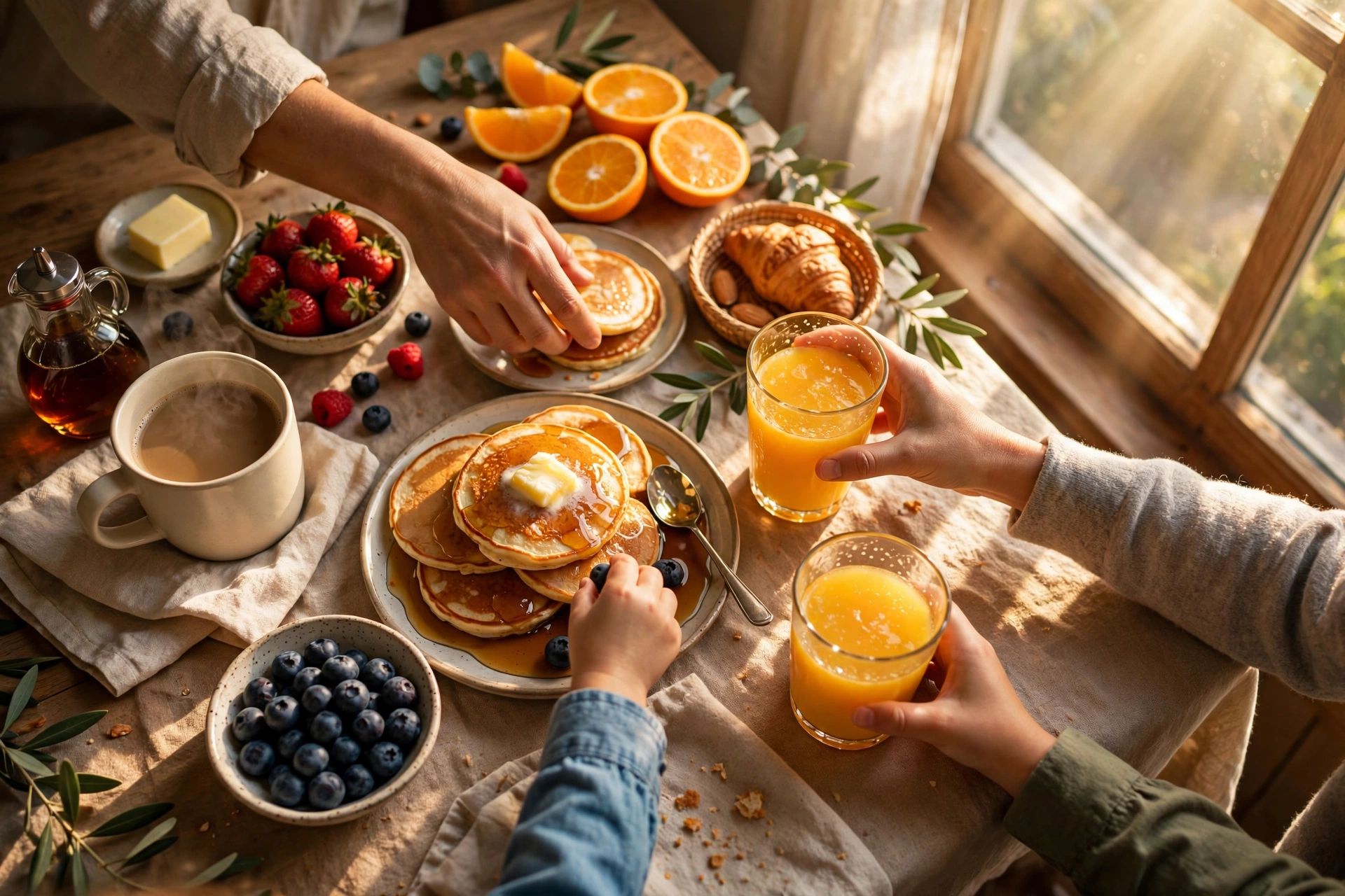 Warm family Friday breakfast table with hands sharing pancakes and orange juice in window sunlight