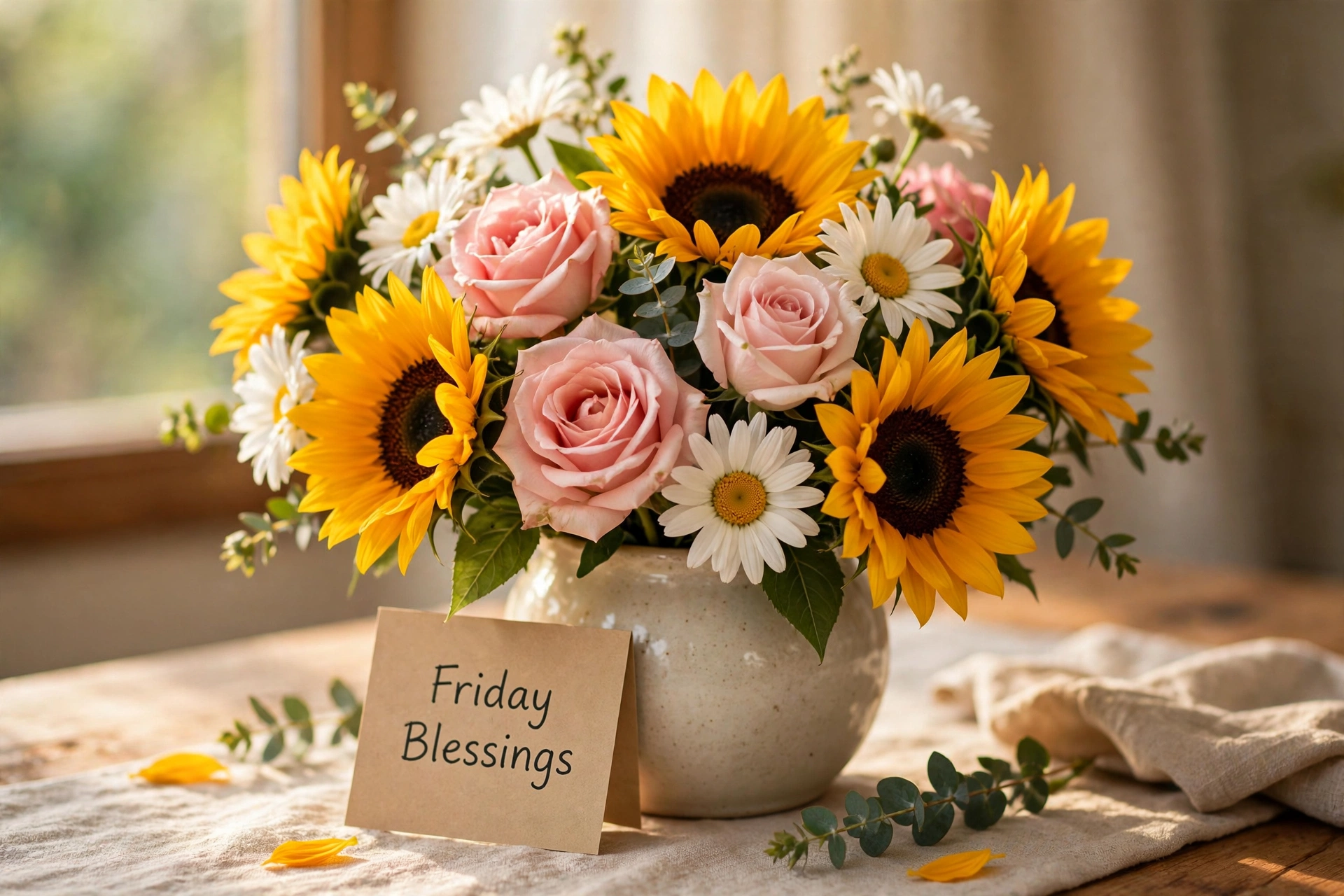 Bright bouquet of sunflowers, roses, and daisies with a Friday Blessings note card