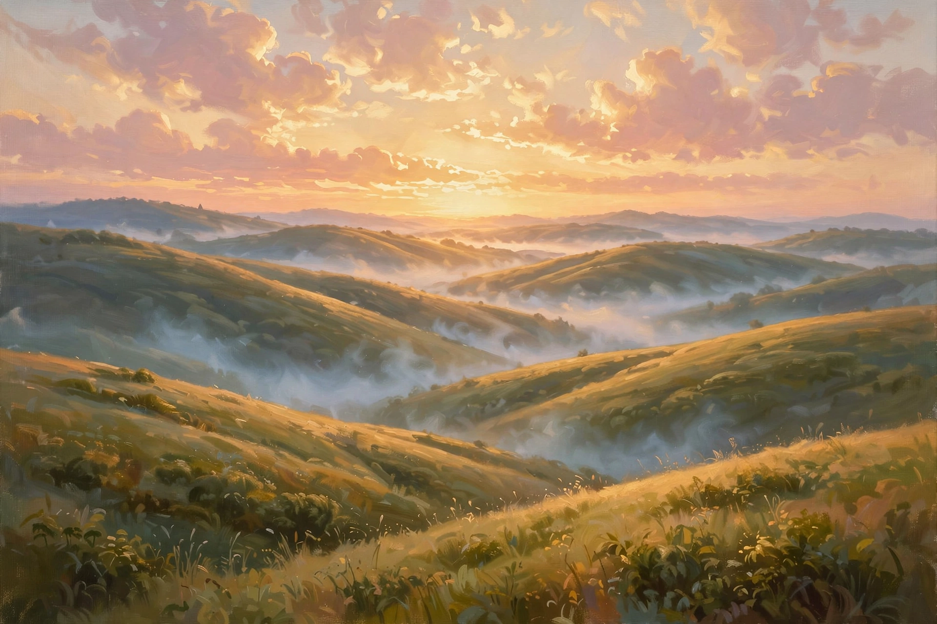 Sunrise over calm rolling hills in warm golden light with soft pink morning clouds