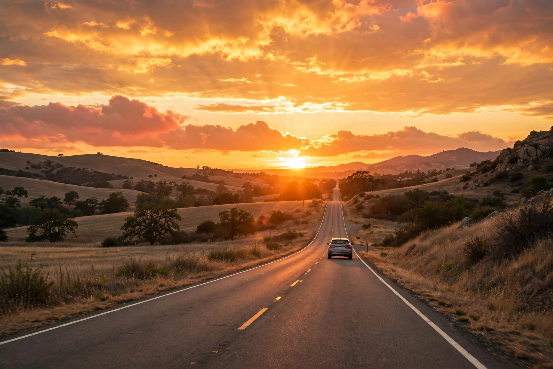 Open road stretching toward a golden sunset sky, relaxed weekend driving scene
