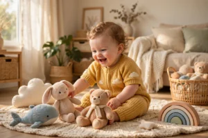 Happy baby playing with soft toys in a bright cozy living room during playtime