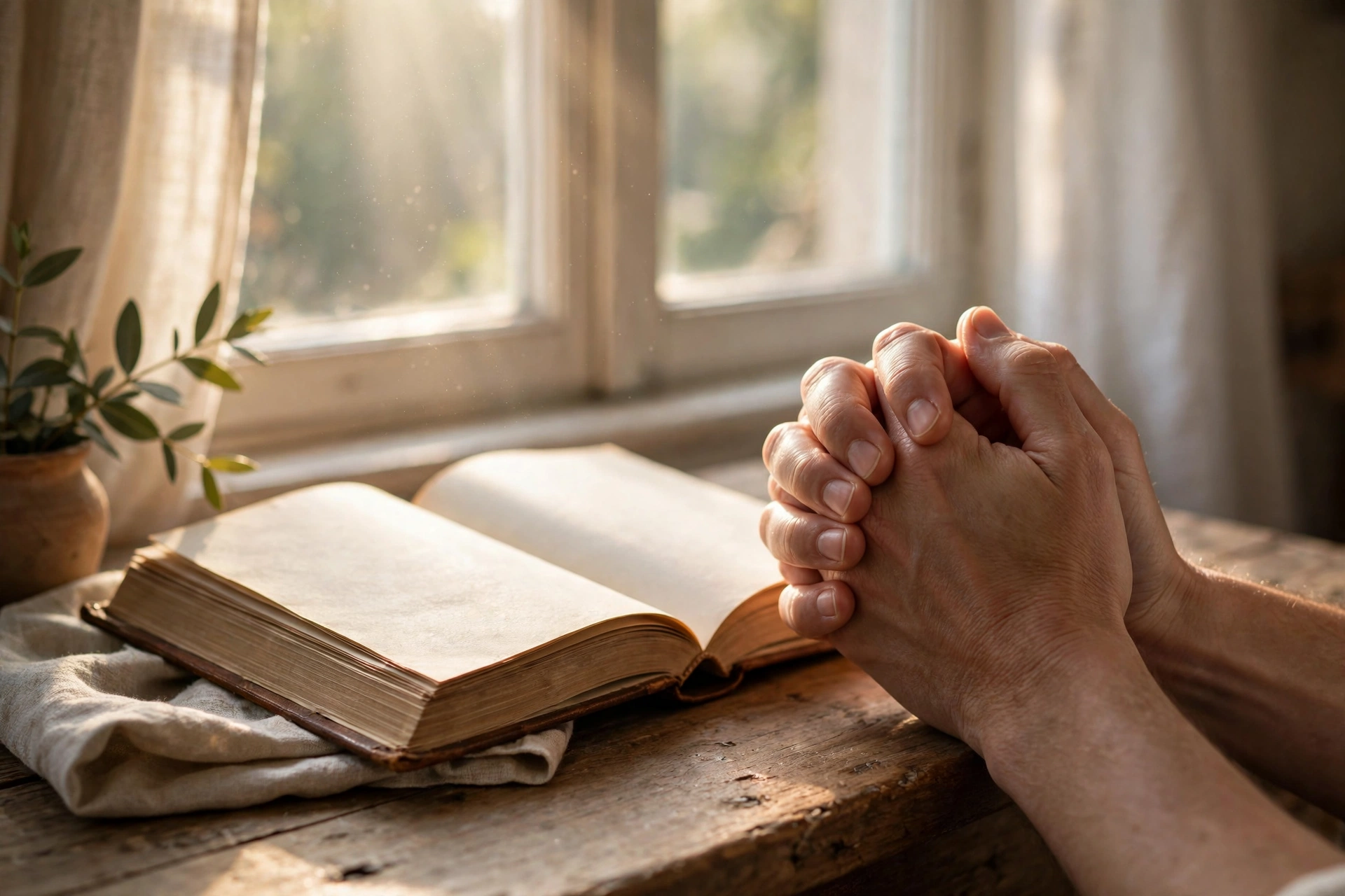 Folded hands in prayer beside an open book by a sunlit window