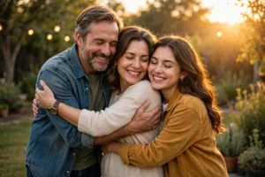 Proud parents embracing their smiling daughter at golden hour