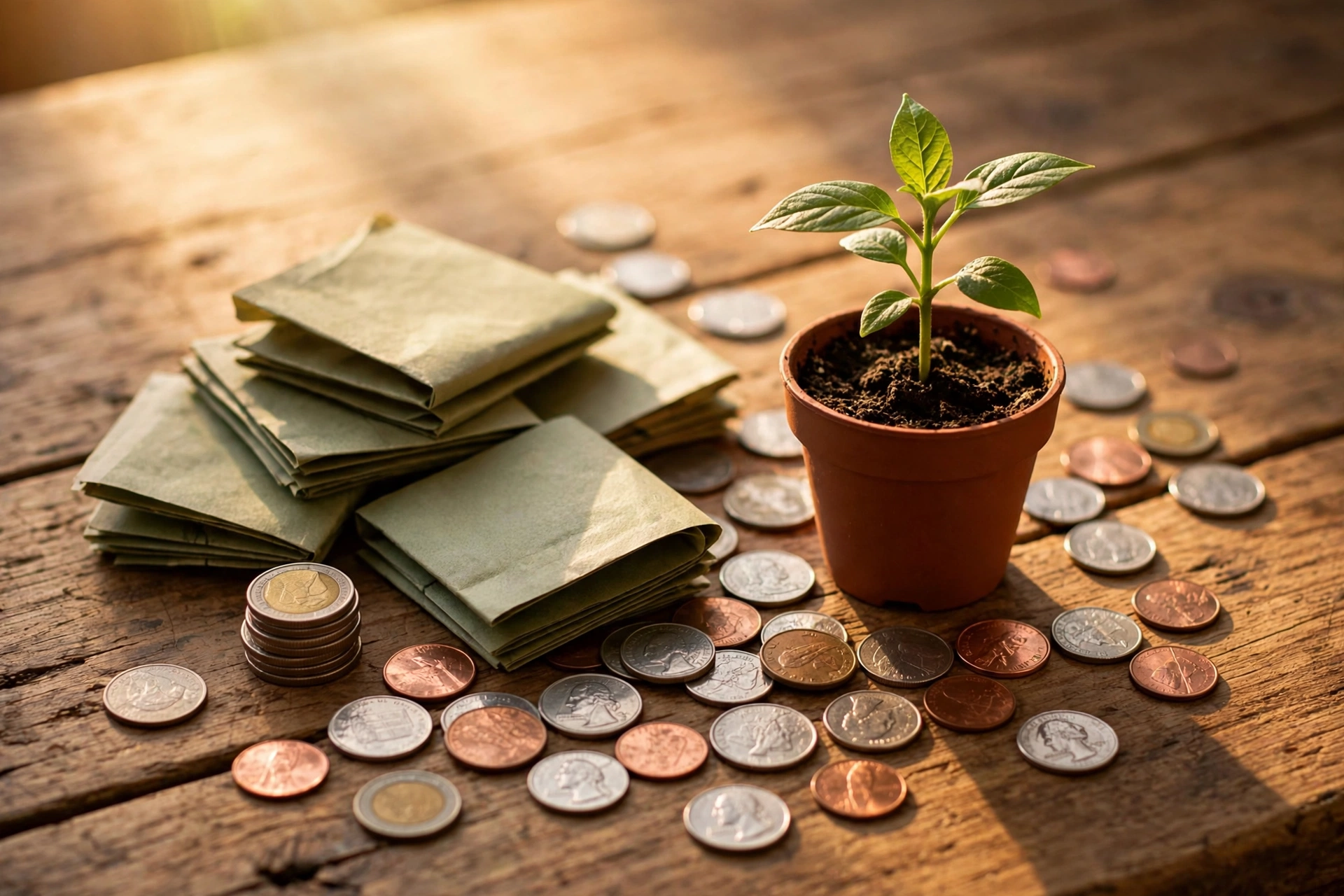 Coins, paper bills and a small green plant on a wooden desk, symbol of financial provision and blessing