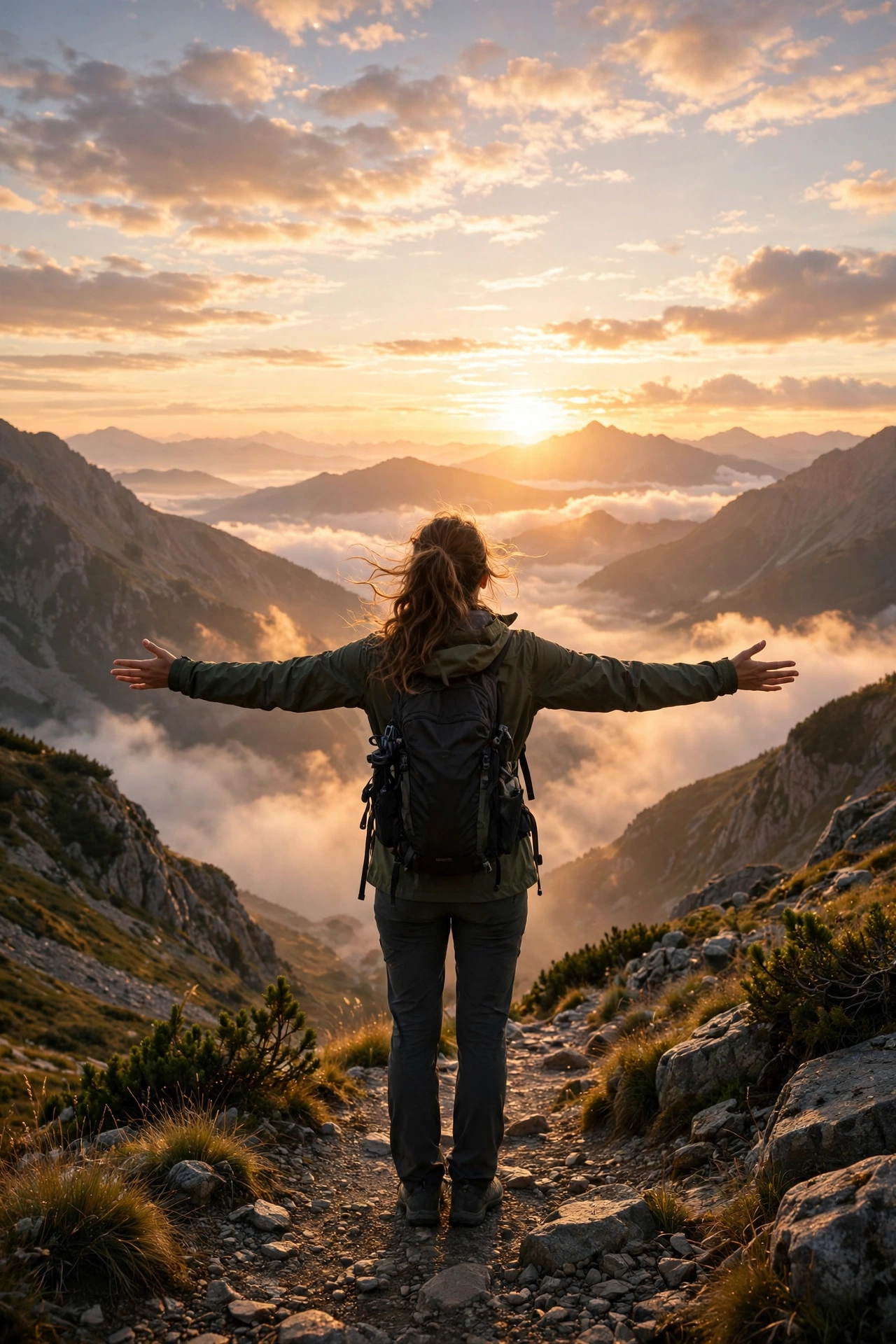 Person standing on a mountain path at sunrise with arms open