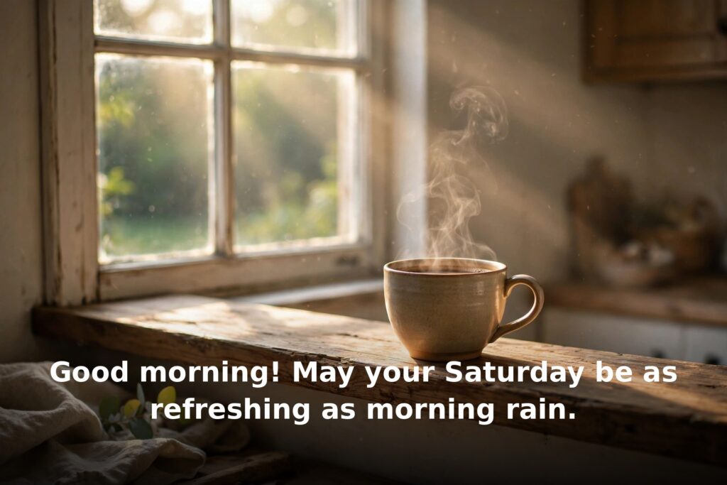 Good morning Saturday blessings – coffee cup in morning sunlight