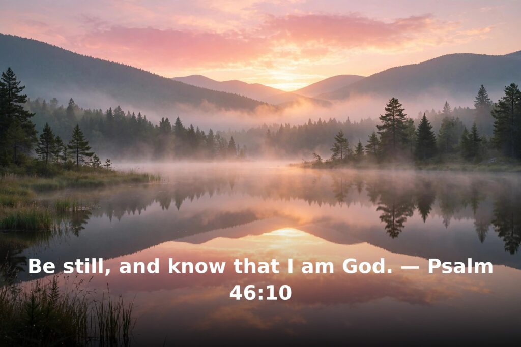 Peaceful Saturday sunrise over a lake – Be still and know that I am God, Psalm 46:10
