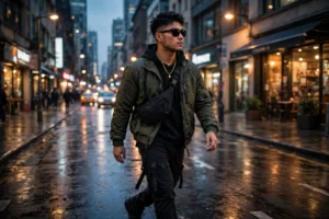 Confident young man in streetwear walking city street at dusk - savage player quotes for guys featured image