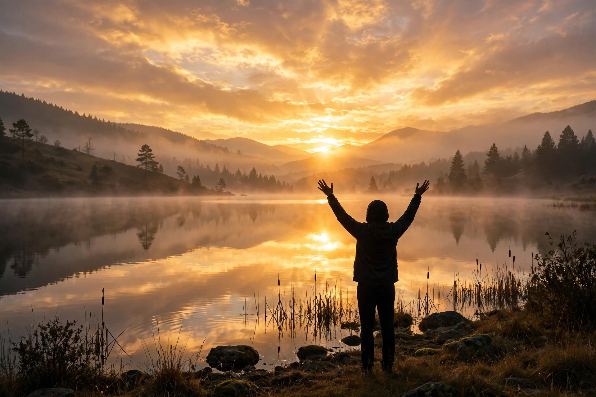 Person raising hands toward a golden sunrise over a mountain lake