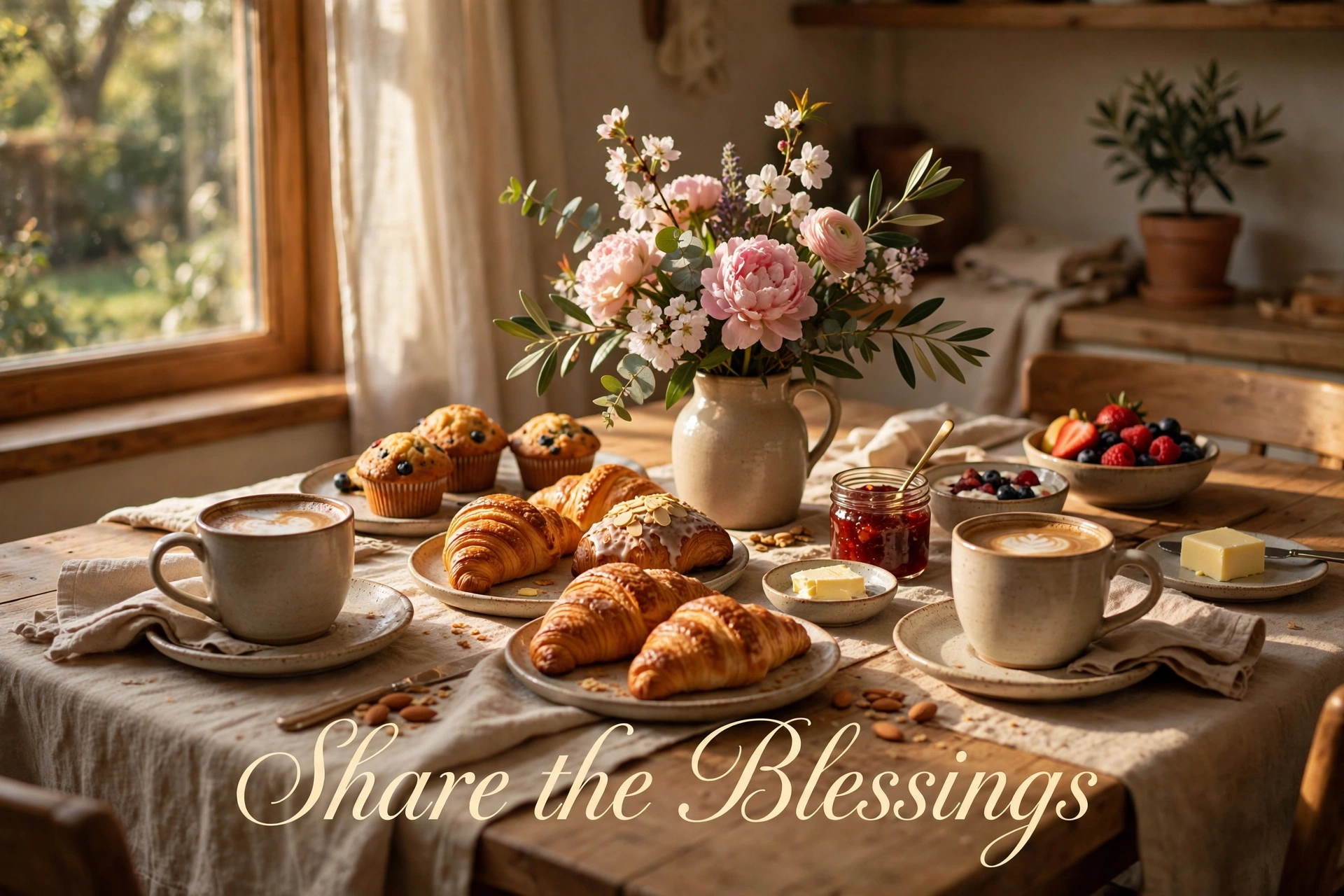 Share Thursday morning blessings images: family breakfast table with flowers in morning light