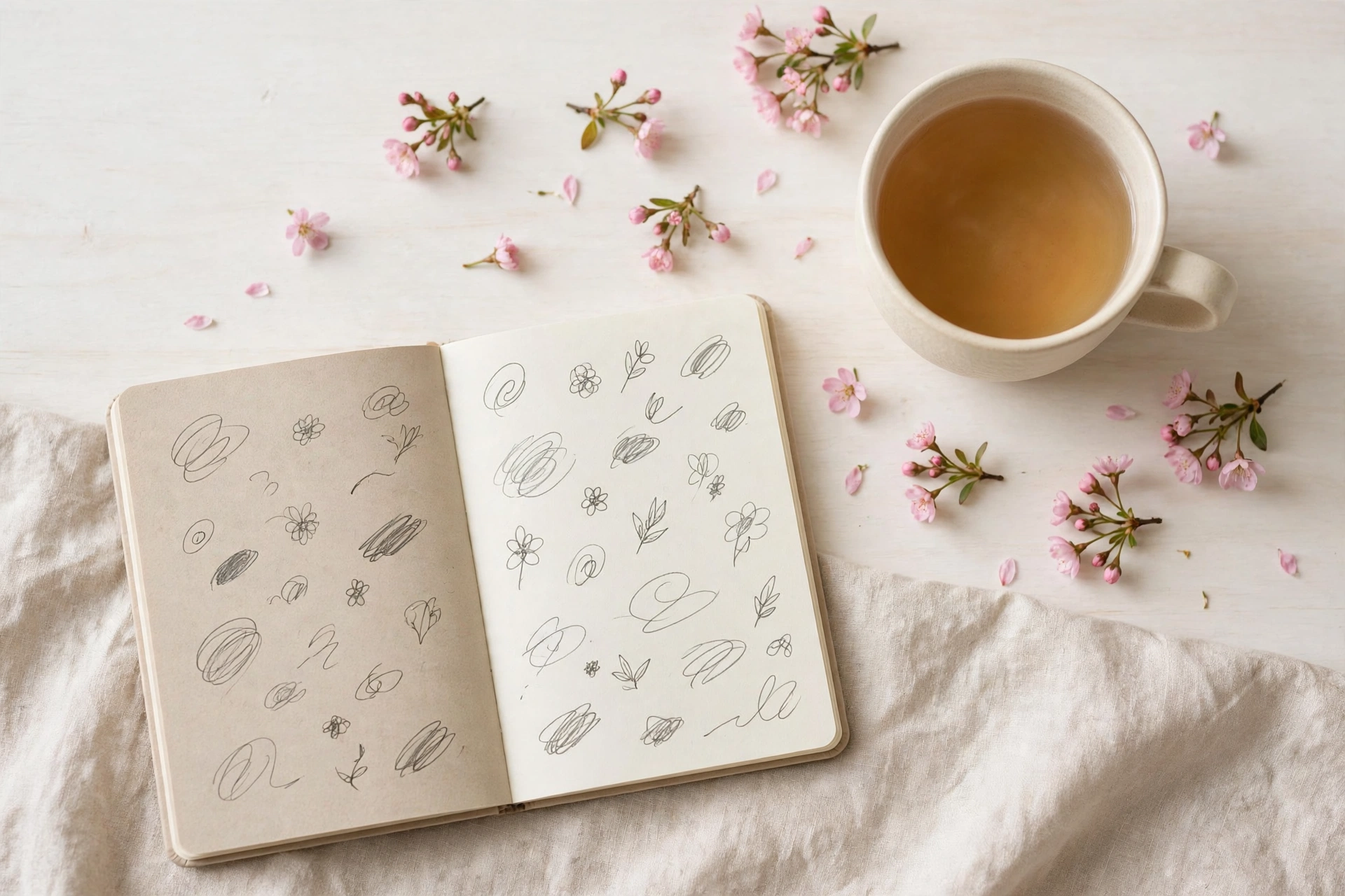 Cute notebook, tea and pink flowers on a light desk – short cute sayings for girls