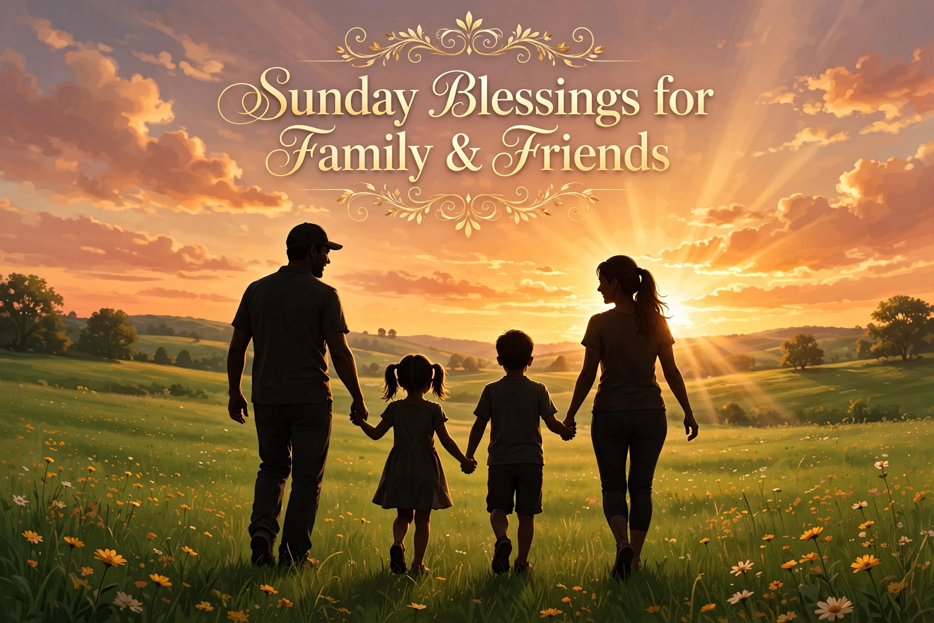 Sunday blessings for family and friends - family at sunset blessing image
