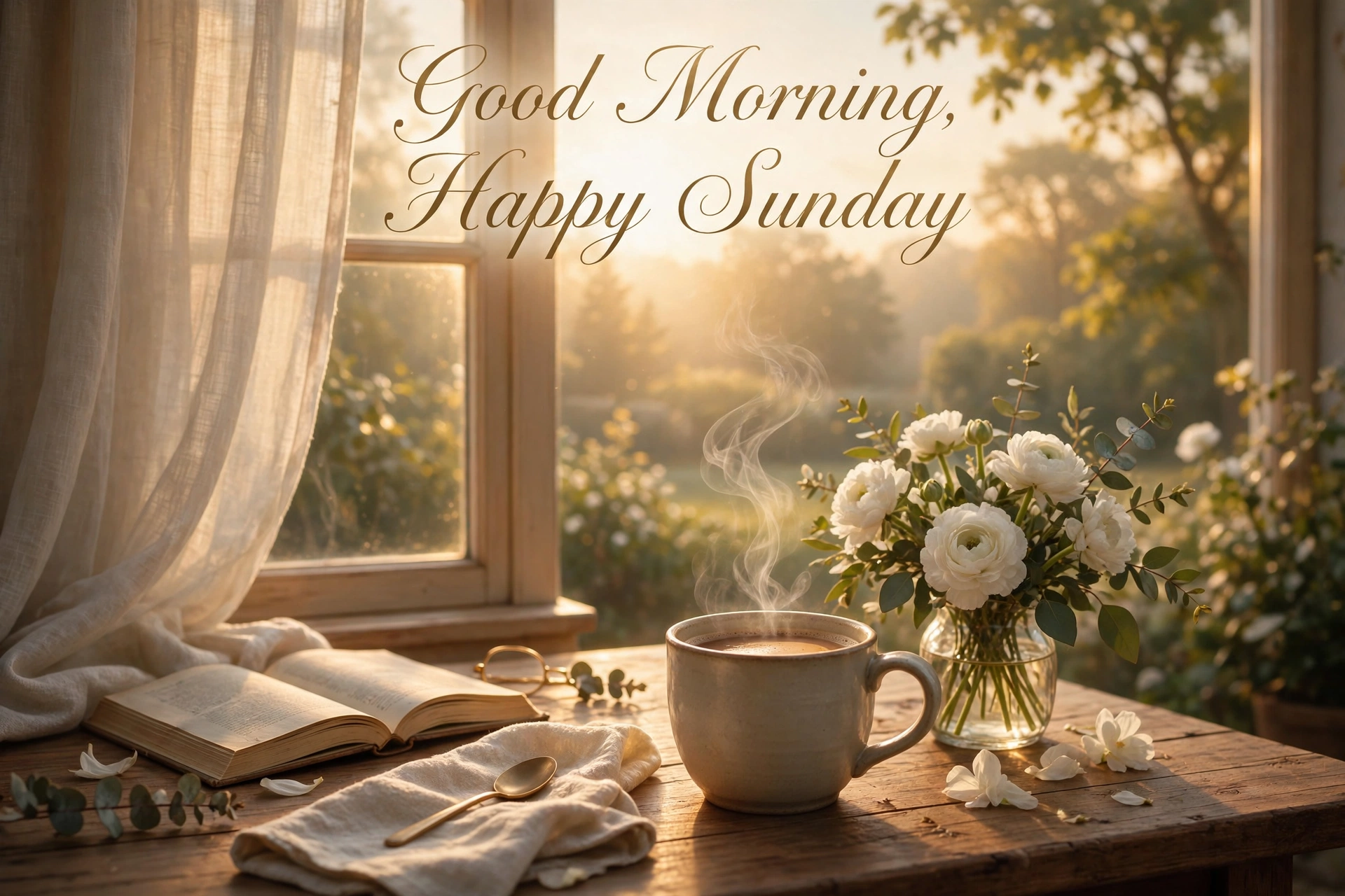 Good morning happy Sunday - coffee and sunrise blessing image