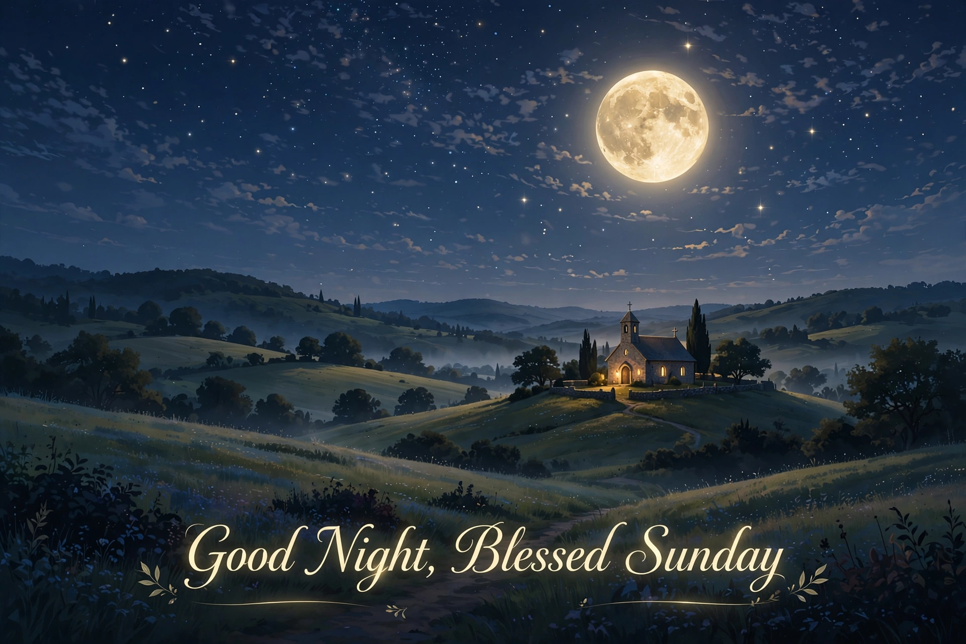 Good night blessed Sunday - moonlit church blessing image