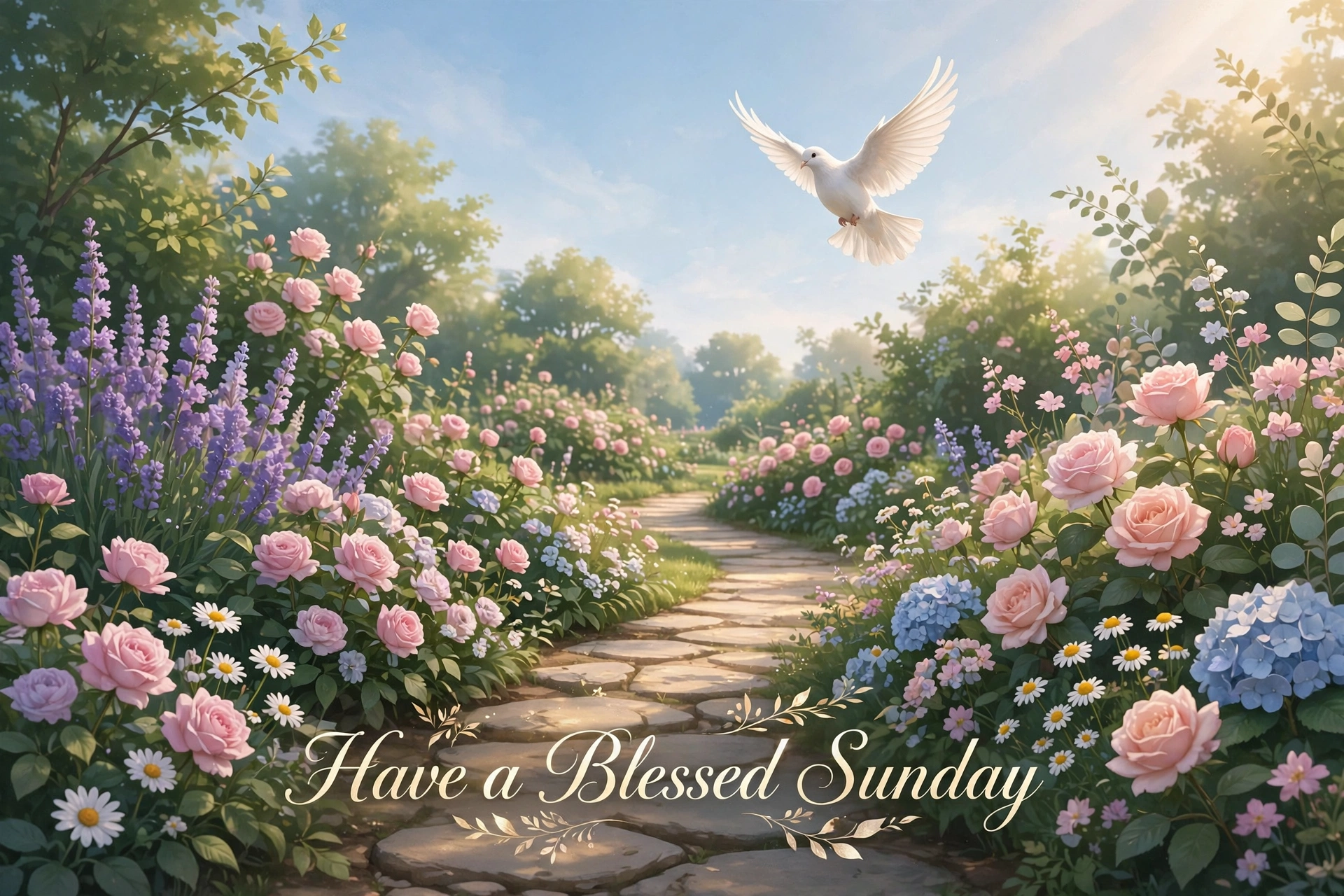 Have a blessed Sunday - peaceful garden dove blessing image