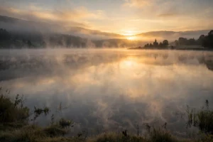 Sunday sunrise over a calm lake with a distant church
