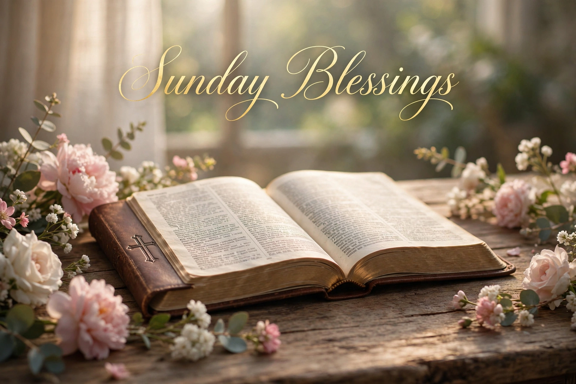 Sunday blessings with Bible verses - open Bible and flowers blessing image