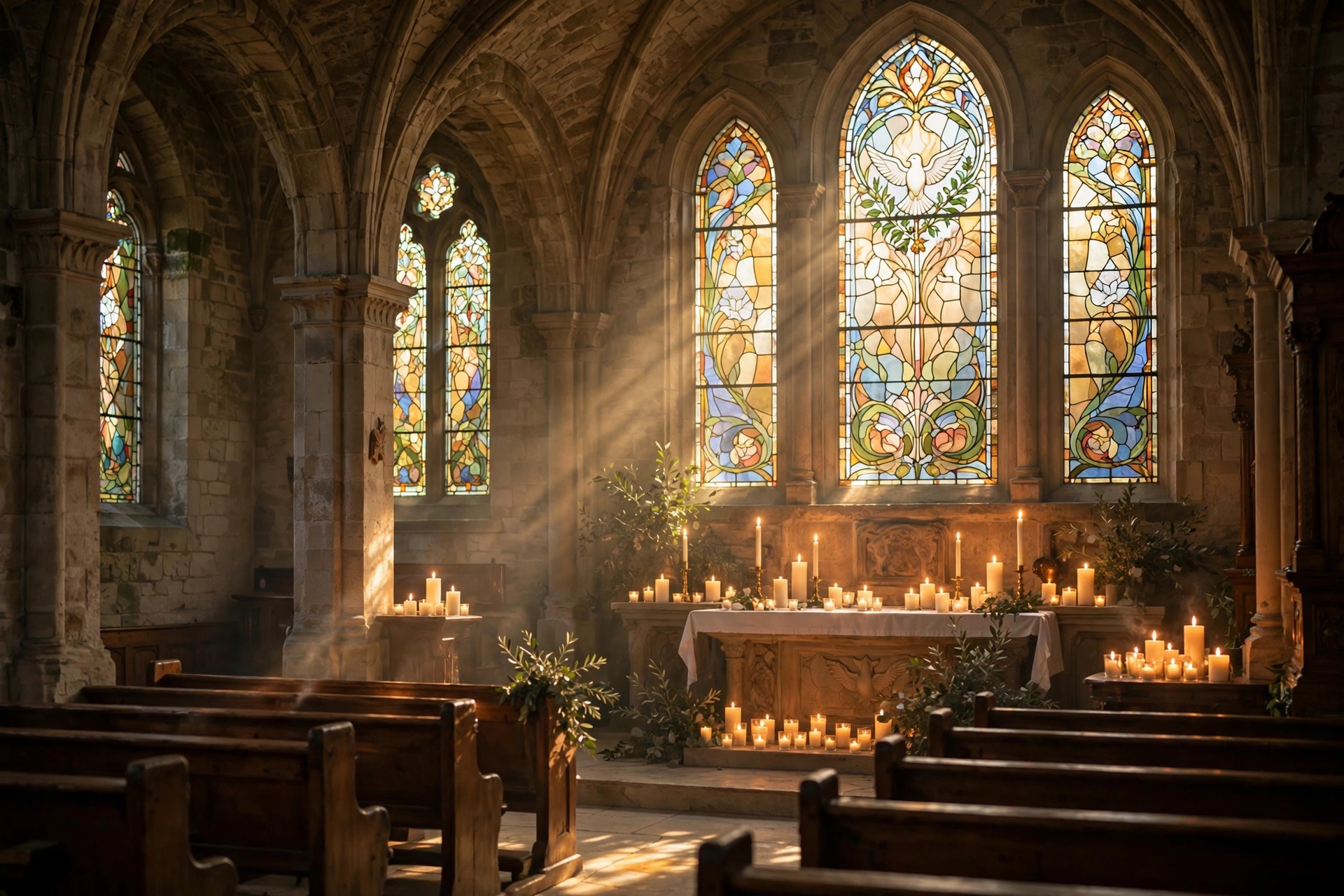 Church interior with glowing candles and soft stained-glass light — Sunday night love blessings