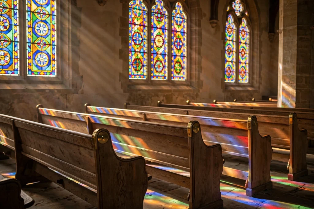 Empty church pews bathed in colorful stained-glass light