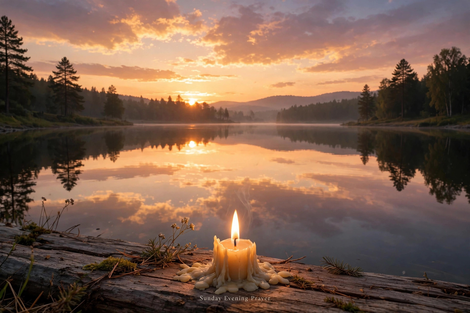Sunday evening prayer - sunset over lake with candle