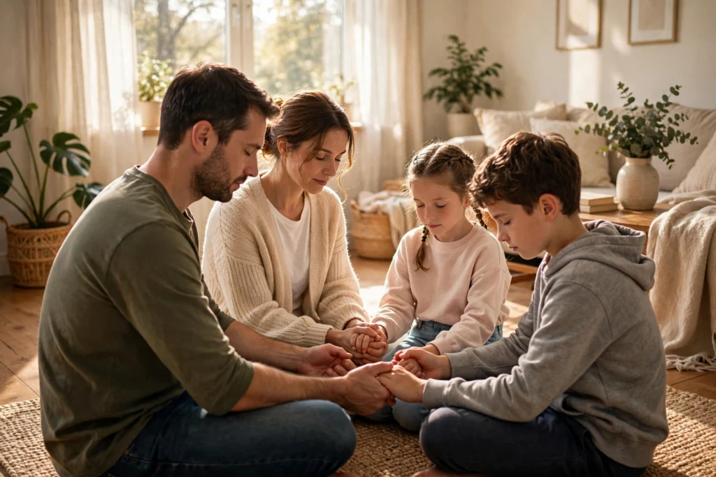 Family praying together in a sunlit living room on Sunday morning