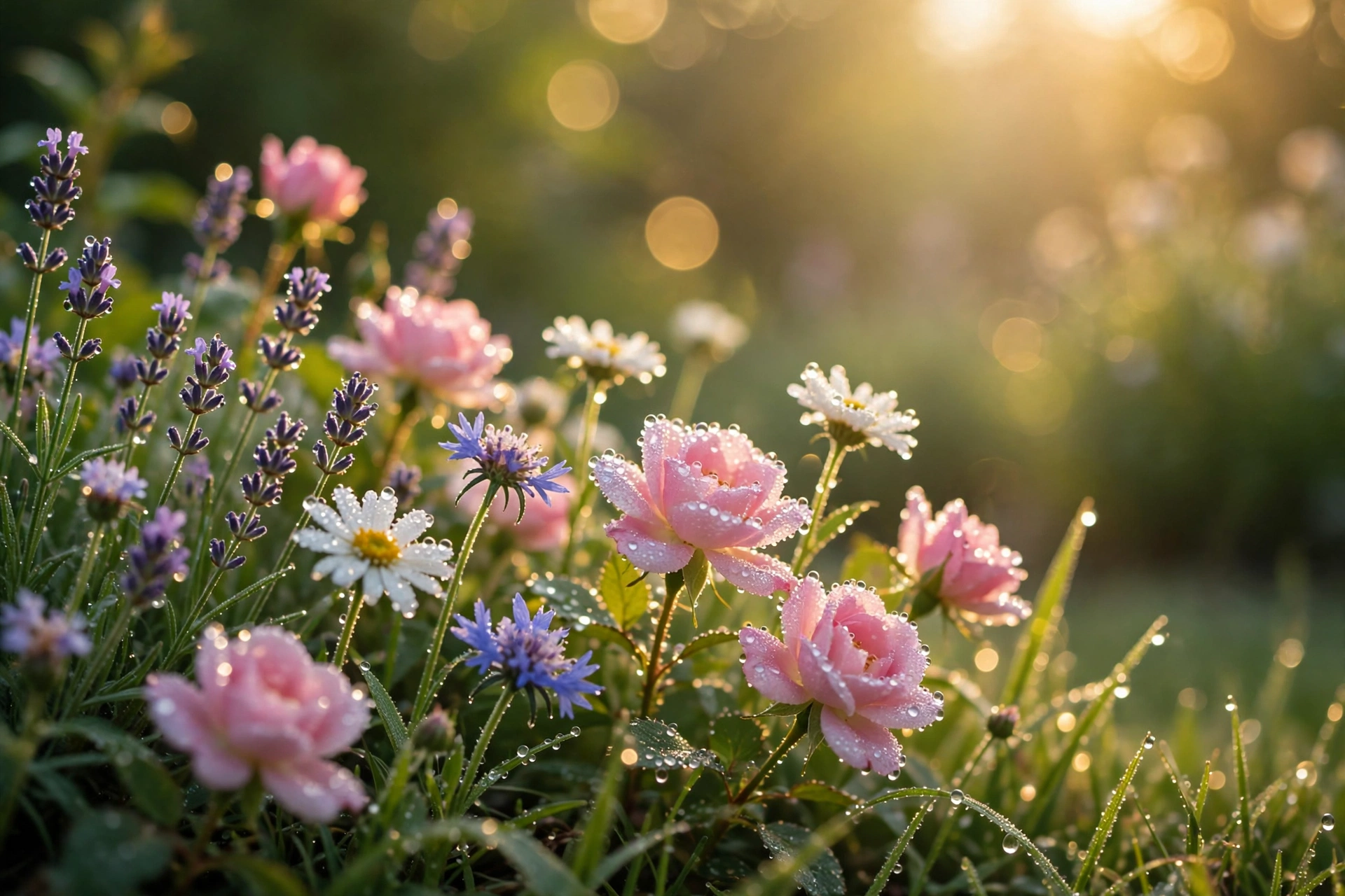 Garden flowers with morning dew in Sunday sunlight
