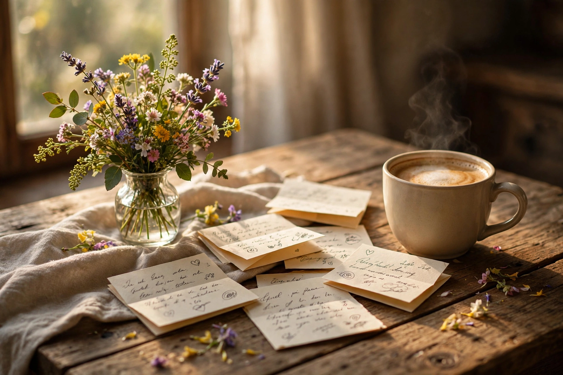 Wooden table with love notes, coffee, and wildflowers in morning sunlight — how to share Sunday love and blessings