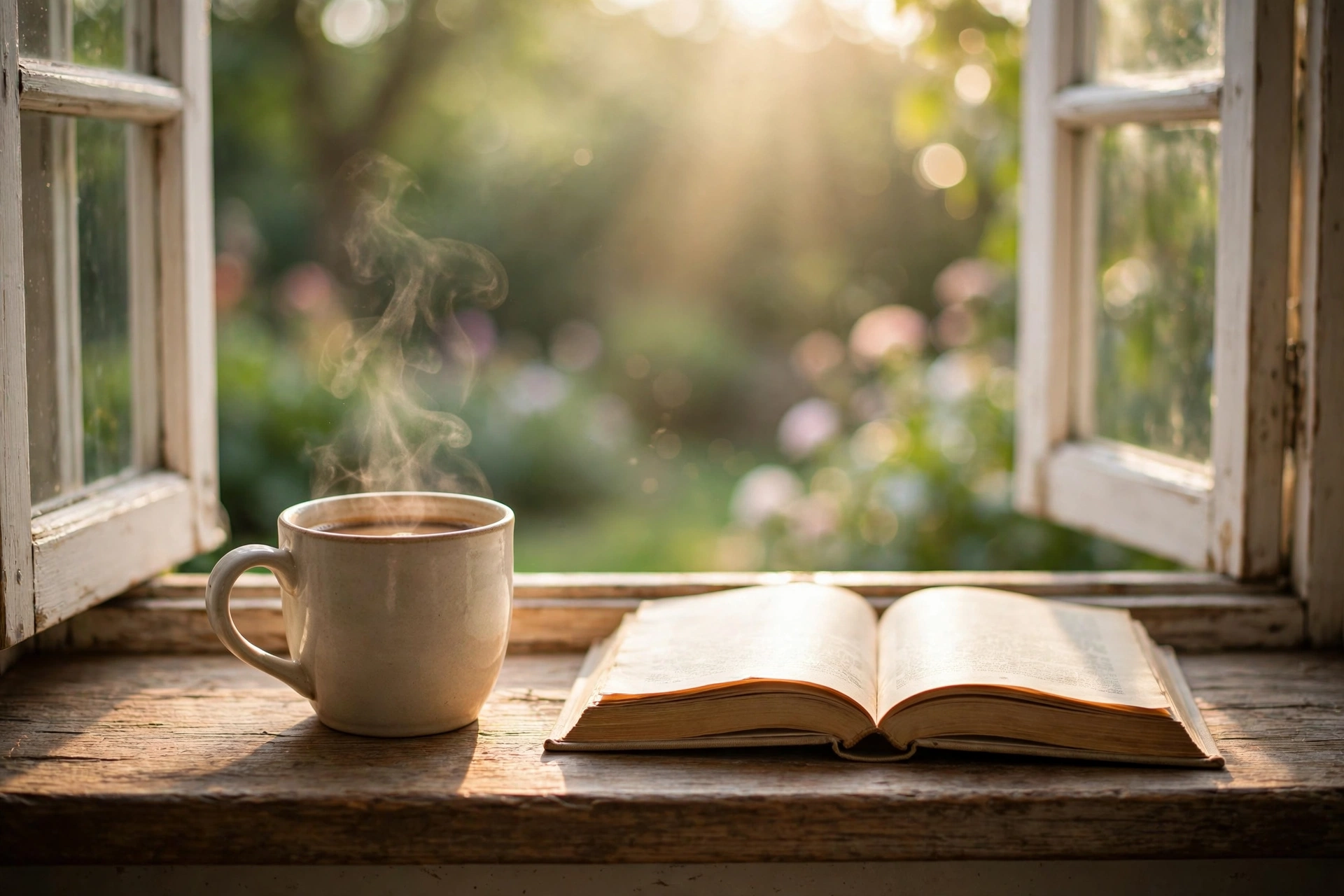 Cup of coffee by a sunny window on a Sunday morning