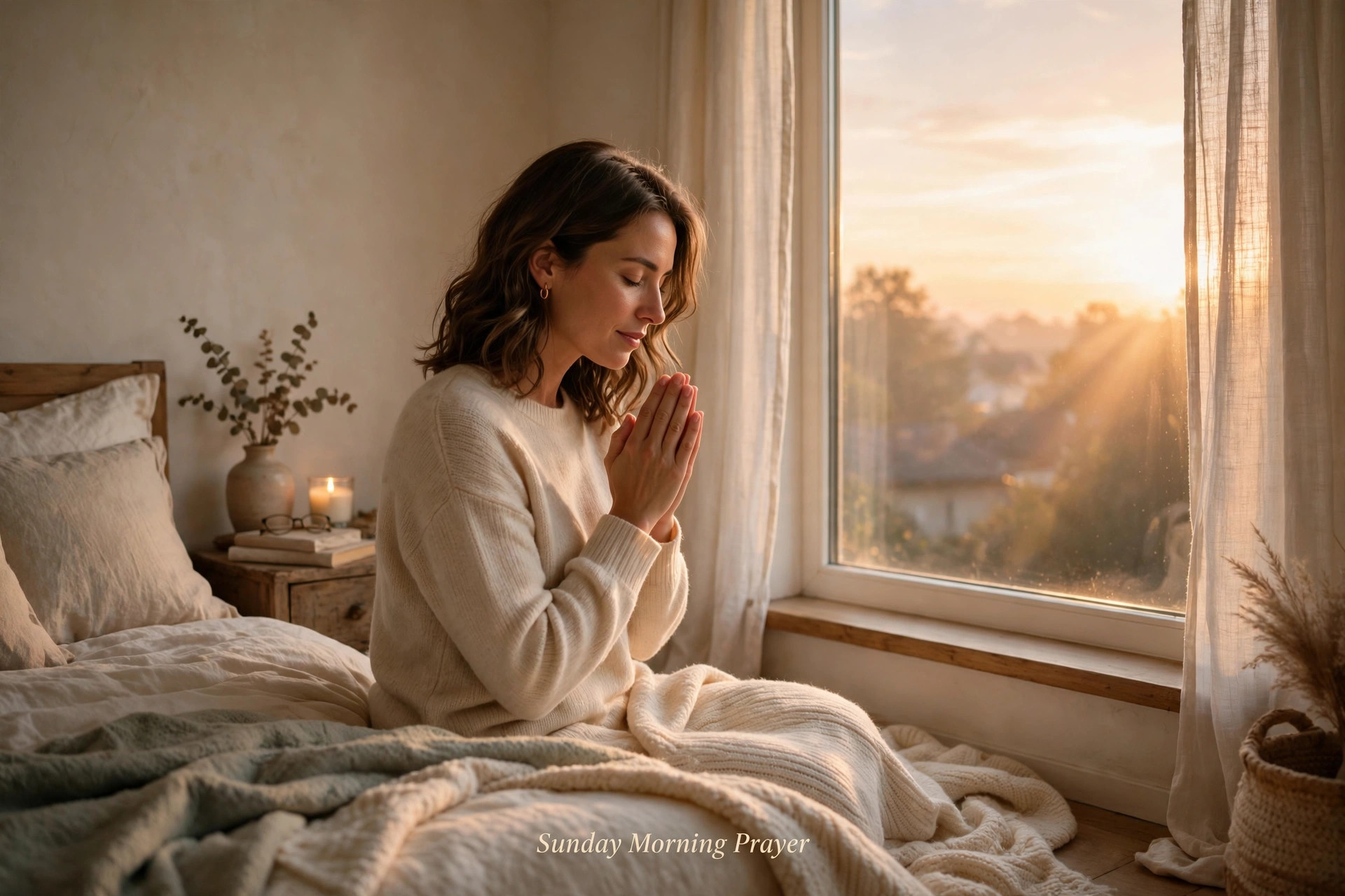 Sunday morning prayer - woman praying at sunrise window