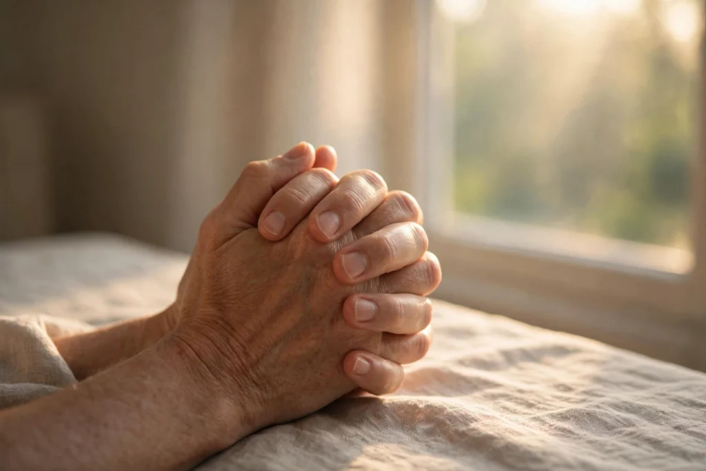 Folded praying hands in soft Sunday morning window light