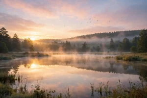 Sunday morning sunrise over a calm lake