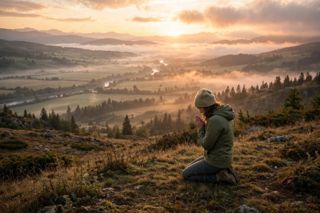 Person praying on a hilltop at sunrise overlooking a valley