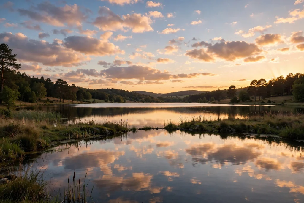 Calm Sunday evening sky with soft clouds over a quiet lake