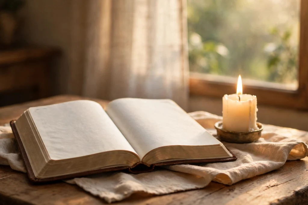 Open Bible beside a lit candle in warm morning light