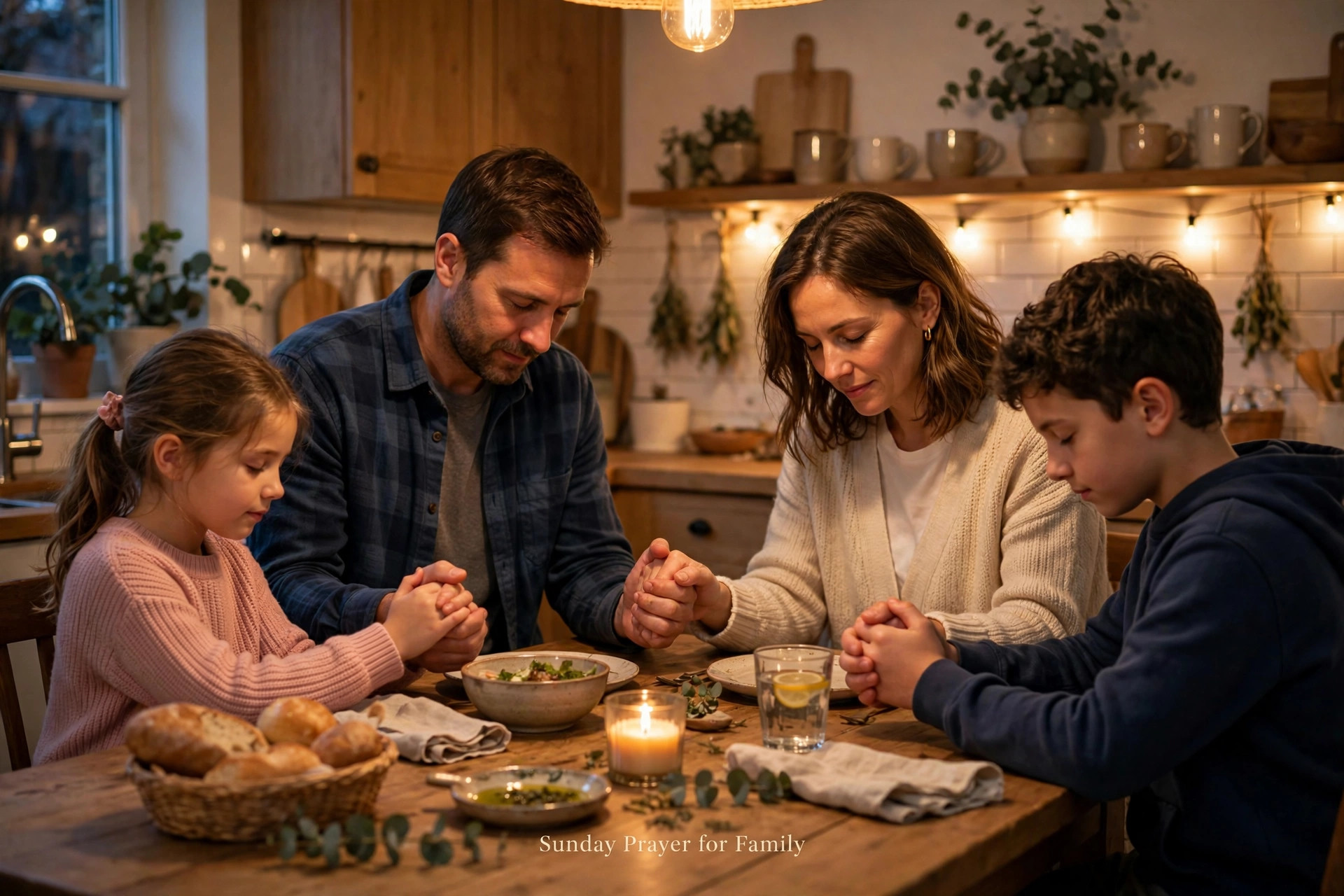 Sunday prayer for family - family holding hands at dinner table