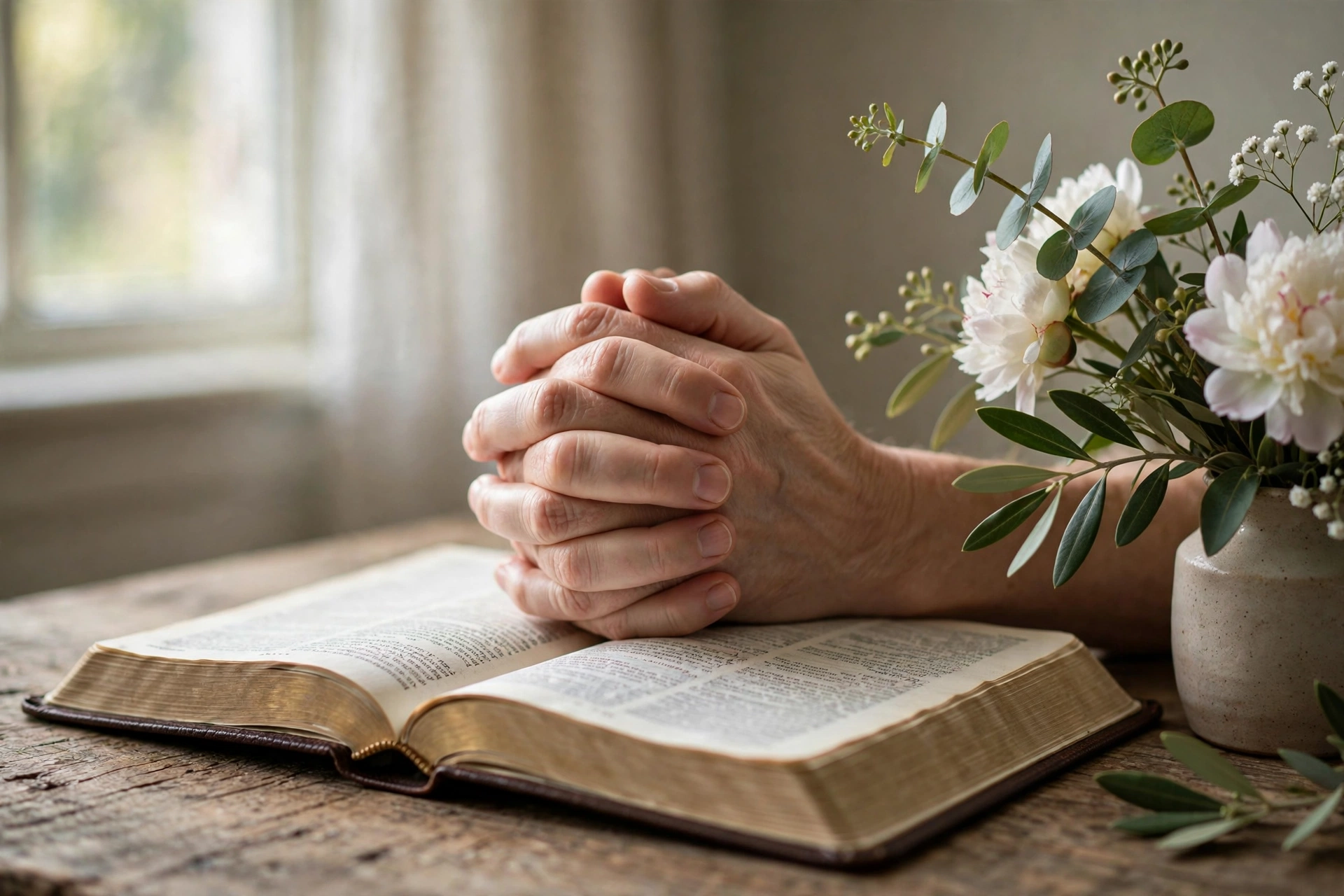 Folded praying hands on an open Bible beside fresh flowers in soft window light — God's love Sunday prayers and blessings