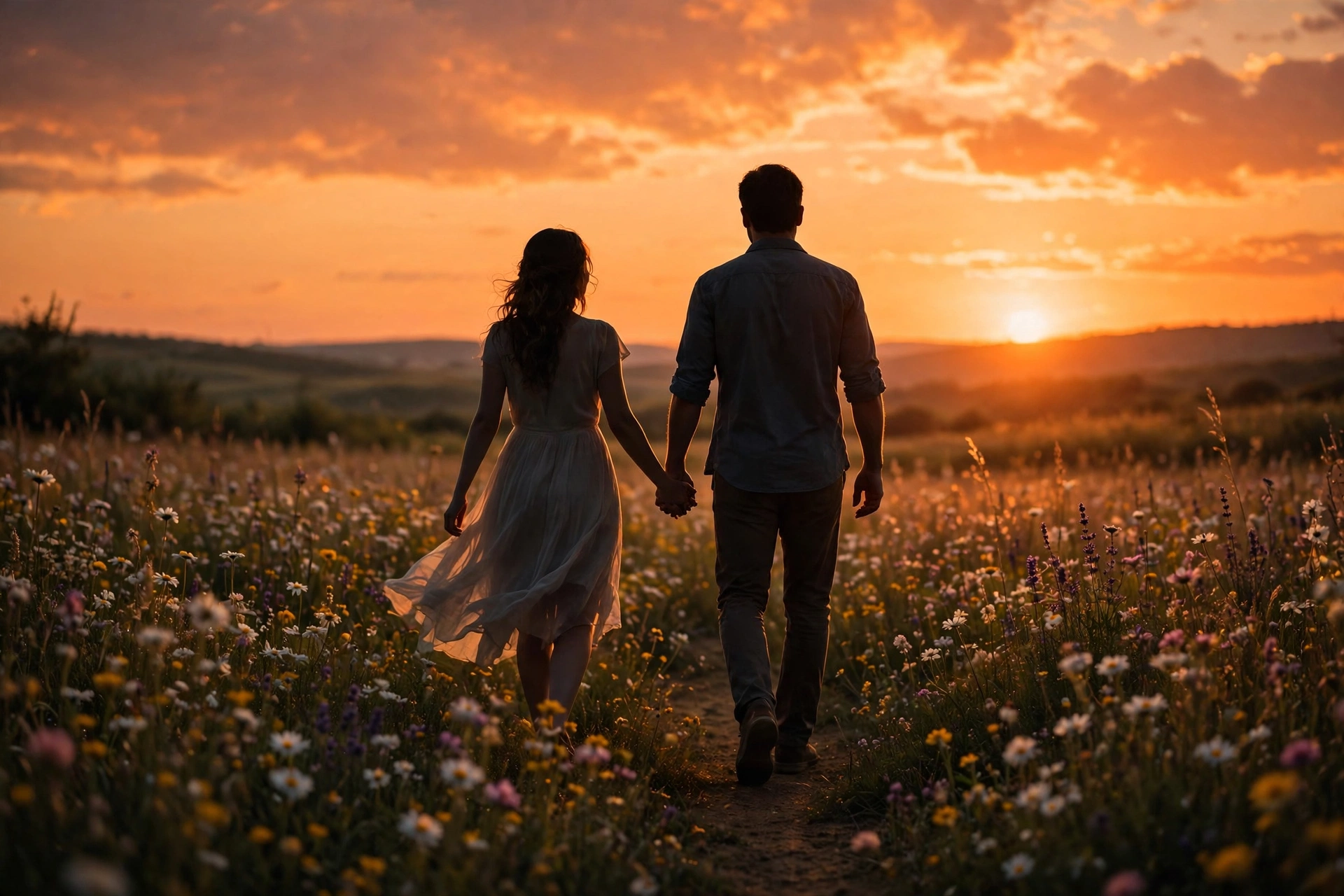 Couple walking hand in hand through a flower field at Sunday sunset — romantic Sunday love quotes for couples