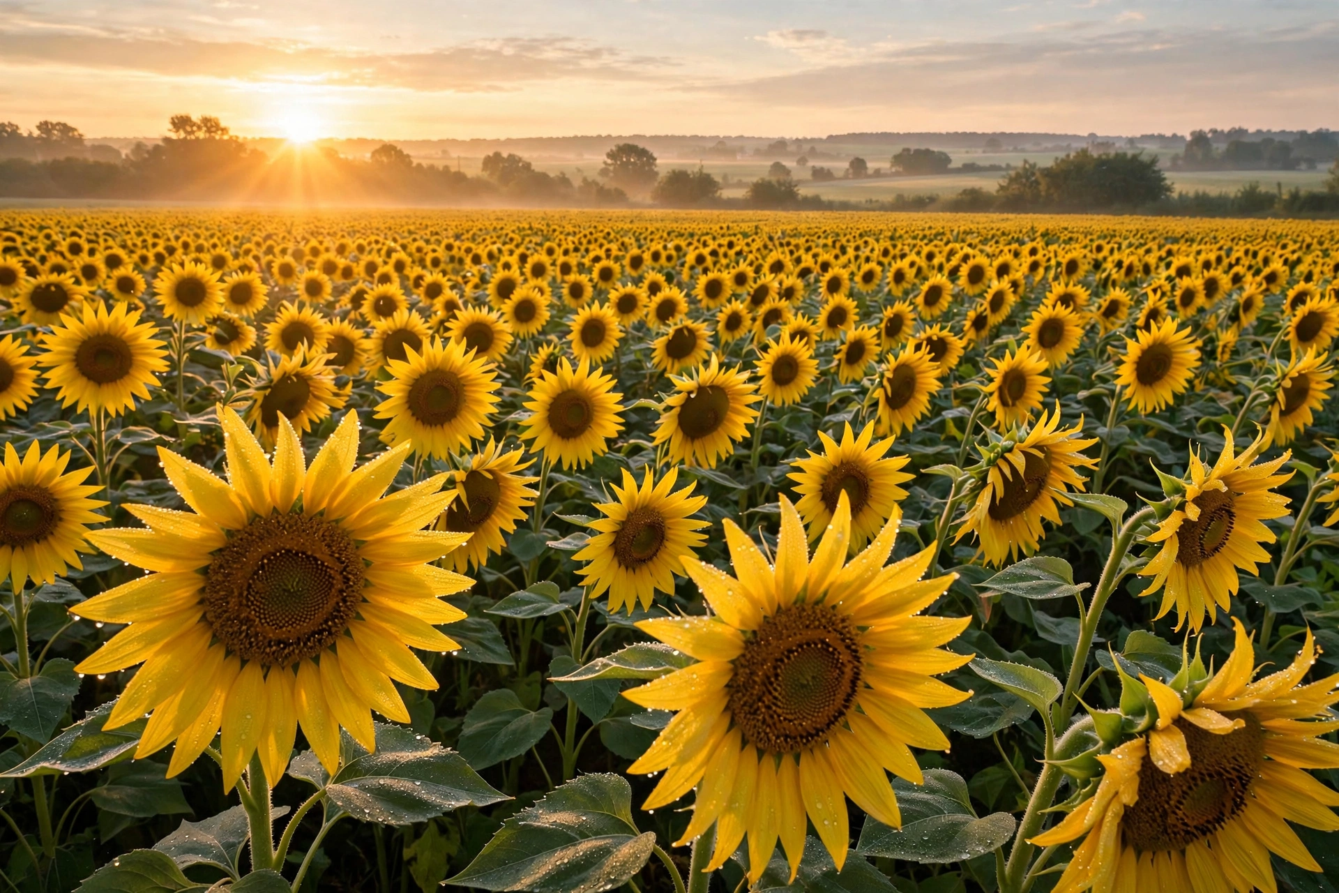 Sunflower field at sunrise on a Sunday morning