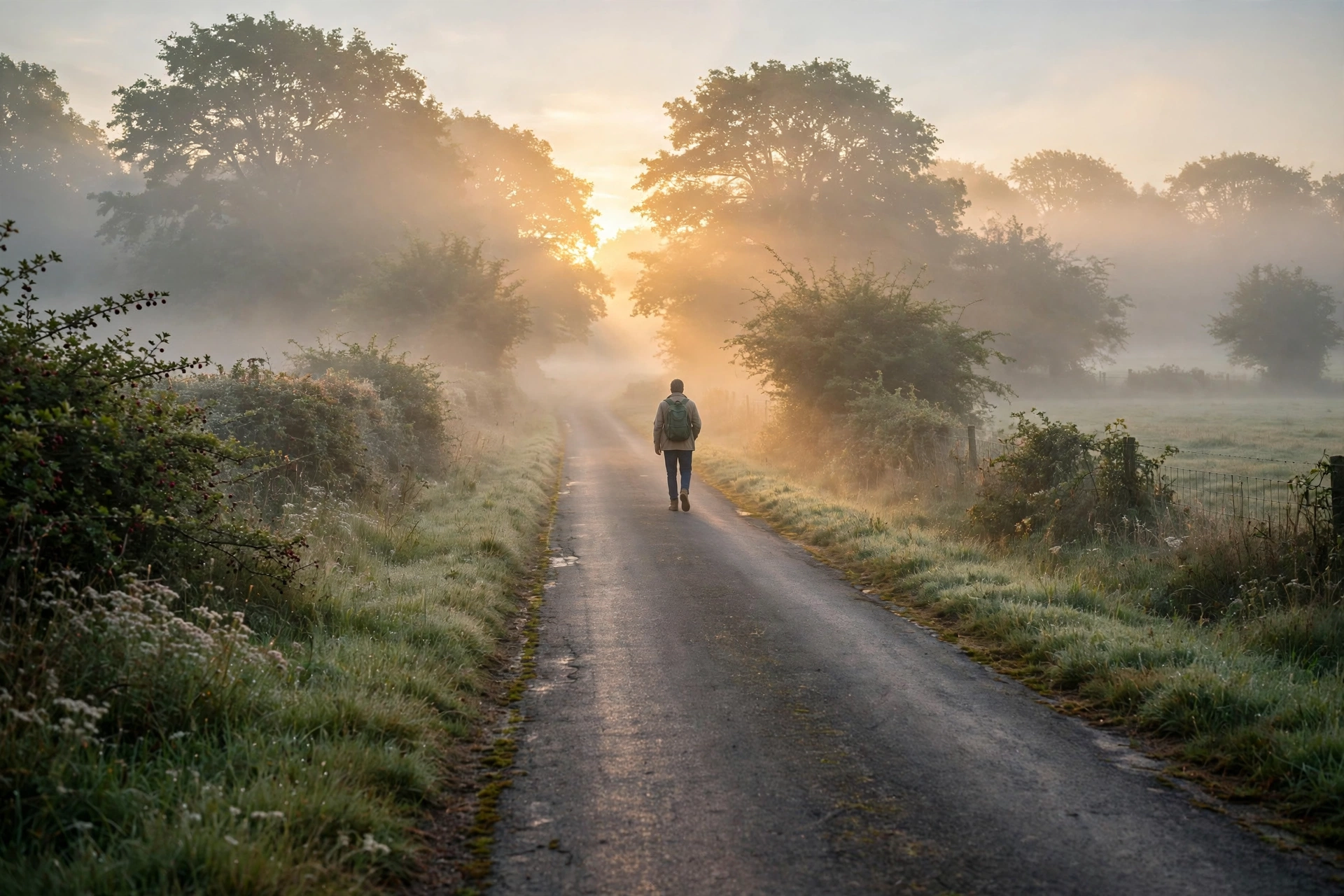 Peaceful sunrise walk on a quiet road – healing quotes on being done