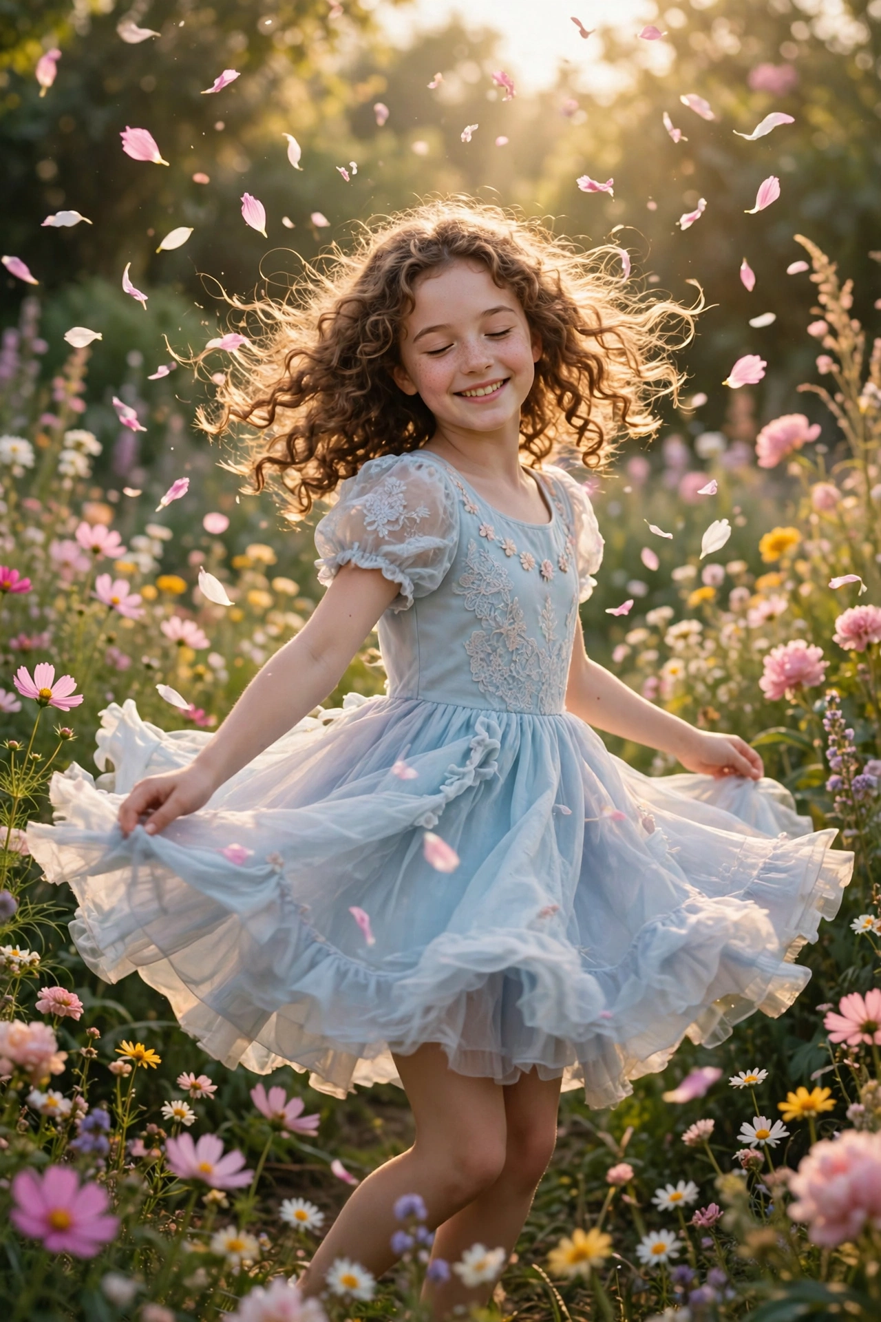 Girl in a pastel dress twirling in a sunny flower garden – sweet cute sayings for girls