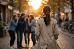 Woman walking away confidently from a group of people whispering behind her back