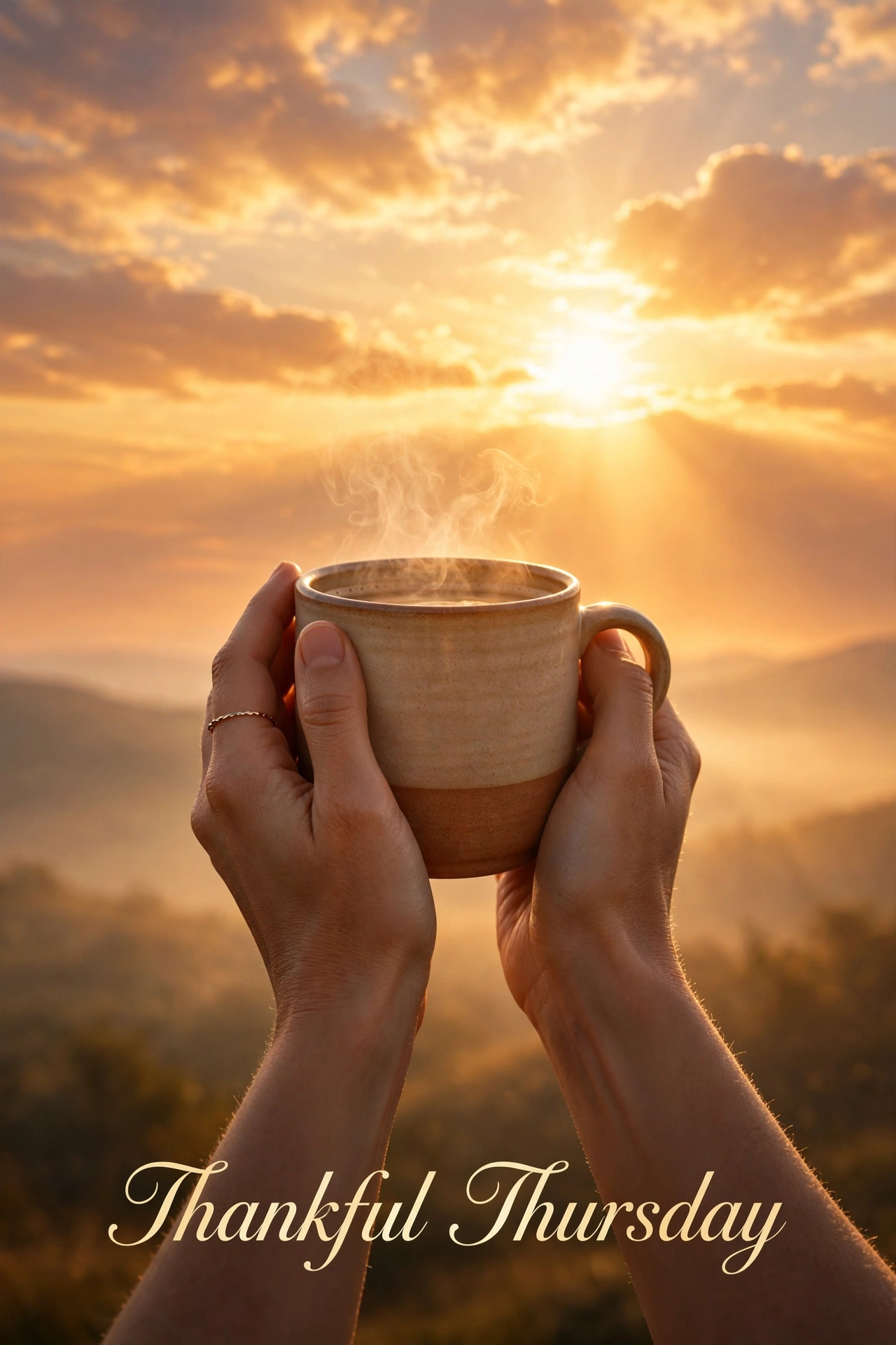Thankful Thursday blessings images: hands holding a coffee mug toward a golden sunrise