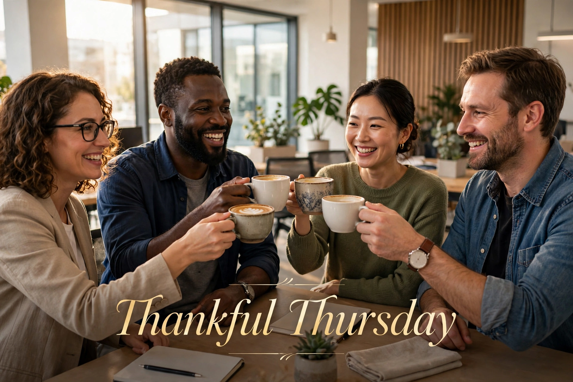 Thankful Thursday image for coworkers — coffee cups raised among colleagues